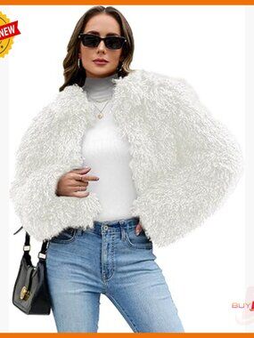 Faux Fur Cropped Jacket Stand Collar Open Front Winter Coat Women's Size